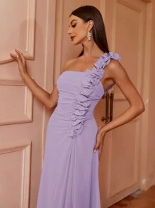 SHEIN Belle Vestido de Dama de Honra com Decote Assimétrico e Linha A, com Pregueados 3D, Babado (Adulto) Elegante Vestido de Festa, Formatura, Jantar, Casamento - Lavanda - Visão 7