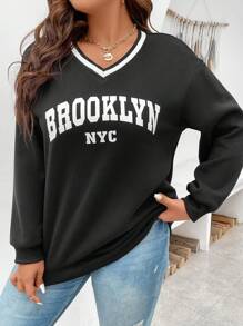 Flirla Plus Letter Graphic Striped Trim Drop Shoulder Sweatshirt - Black - View 7