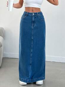 EURMUSE High Waisted Denim Skirt With Back Vent - Medium Wash - View 3