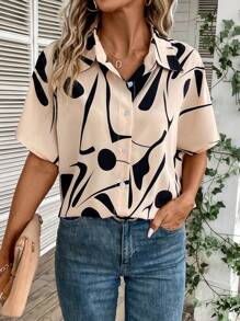 SHEIN LUNE Chemise À Manches Courtes Imprimée Au Hasard - Nude - Voir 6