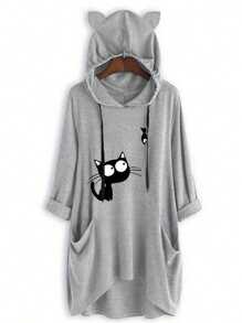 INAWLY Plus Cat Print Dual Pocket Drawstring Hooded Tee Graphic Tees Women Tops Fall Cloth For Women - Light Grey - View 1