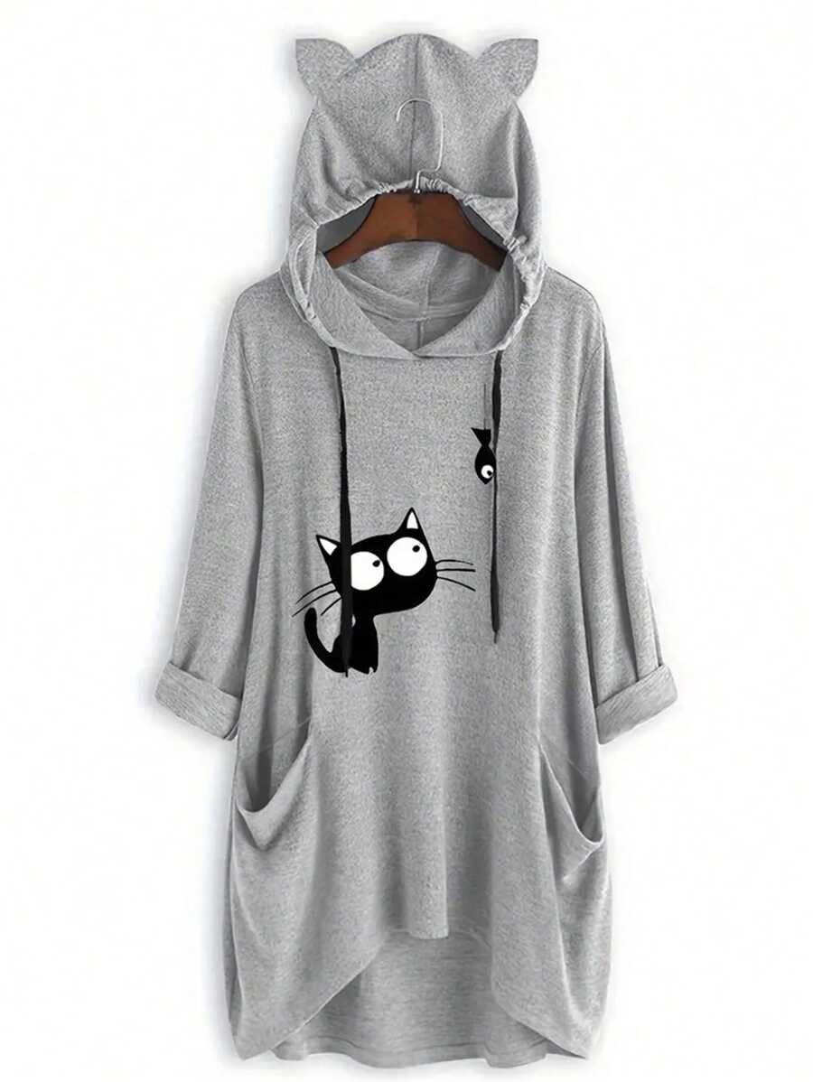 INAWLY Plus Cat Print Dual Pocket Drawstring Hooded Tee Graphic Tees Women Tops Fall Cloth For Women - Light Grey - View 1