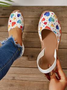 女士露趾平底凉鞋，心形和不对称彩色印花，时尚沙滩鞋 - 彩色 - 查看 2