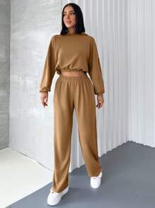 Cottnline Women'S Hooded Sweatshirt And Pants Two-Piece Set With Drawstring Waist - Camel - View 3