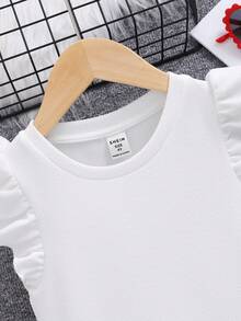 SHEIN 幼兒女童甜美時尚的針織波浪袖圓領連衣裙,適合日常穿著 - 白色 - 查看 5