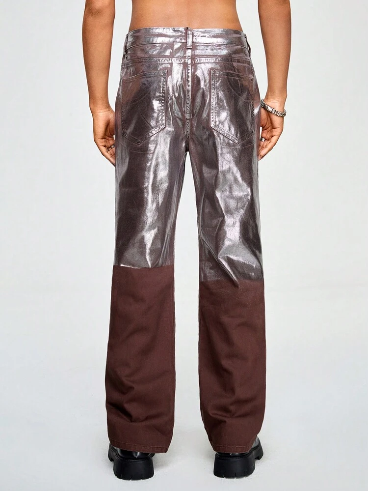 Men'S Color Block Hollow Out Straight Leg Jeans