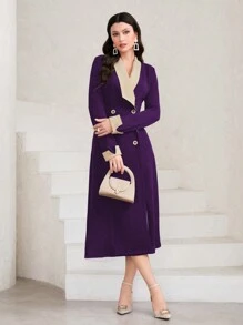 Modelyn Color Block Off-Shoulder Collar And Cuff Shirt Dress - Purple - View 4