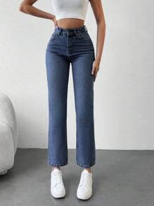 EURMUSE Straight Leg High Waisted Denim Pants - Dark Wash - View 4