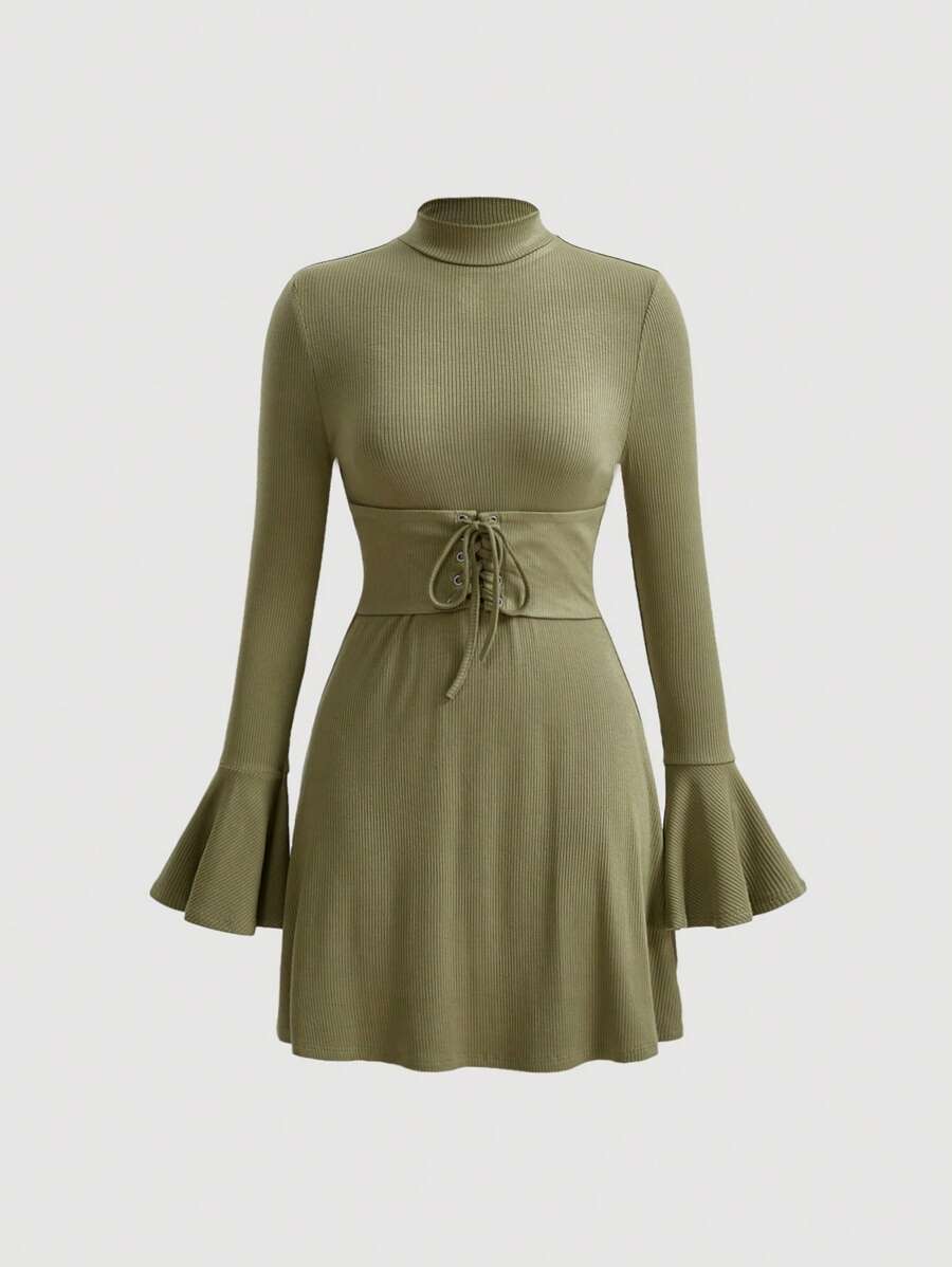 SHEIN MOD Của phụ nữ Đứng cổ áo Tay áo chuông Đầm - màu xanh lá - Xem 1