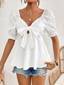 Chiquease Knot Front Eyelet Embroidery Puff Short Sleeve Blouse - White - View 1