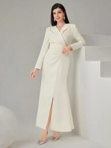 Modelyn 女士纯色褶皱裹身高开叉连衣裙长款晚礼服 - 杏色 - 查看 8