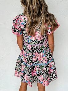 Pink Leopard Floral Print Wavy Embellished Mini Dress - Multicolor - View 2