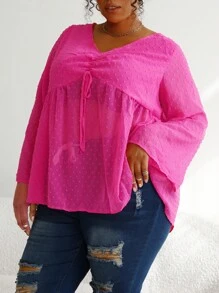 SHEIN CURVE+ 大碼圓點前抽繩荷葉邊下擺襯衫 - 玫紅色 - 查看 4