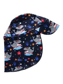 SHEIN Leap Crew 男童漫畫可愛海洋動物鯊魚印花連體泳衣,附游泳帽,適用於春夏季