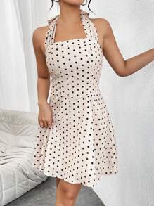 SHEIN Privé 女款圓點印花 A 字形喇叭掛脖連身裙 - 杏色 - 查看 2
