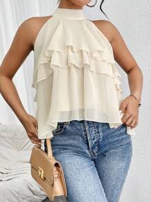 Firerie Halter Neck Ruffled Cake Chiffon Blouse - Beige - View 5