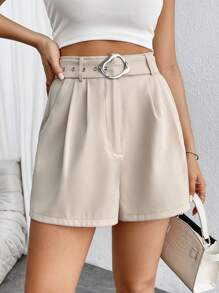 SHEIN Privé Xếp nếp Thắt lưng Quần short chân rộng - trắng - Xem 4