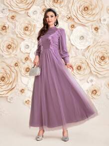 Modelyn 女士长袖阿拉伯连衣裙，优雅晚会礼服长款晚礼服 - 紫色 - 查看 7