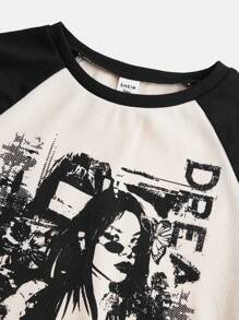 少女肖像印花衛衣和拼接口袋褲 2入組 - 黑色 - 查看 14