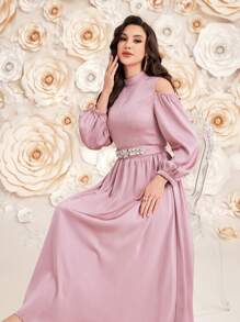 Modelyn Women's Long Sleeve Arabian Modest Dress, Elegant Evening Party Dress - Pink - View 3