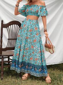 SHEIN VCAY Conjunto De Falda Y Top Con Hombros Descubiertos Y Estampado Floral - Multicolor - Ver 3