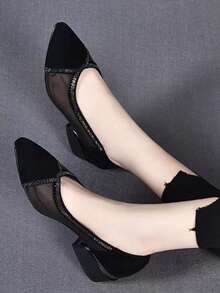 2024 Spring/Summer New Arrival Black Mesh And Rhinestone Hollow Out Pointed Toe Low-Cut High Heel Pumps - Black - View 2