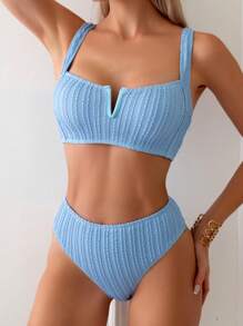 女士實色比基尼套裝，V領狂歡節泳裝 - 藍色 - 查看 1