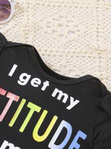 SHEIN Baby Girl Fun Slogan Print Bodysuit And Colorful Striped Flared Pants Set, Cute For Spring And Summer - Multicolor - View 3