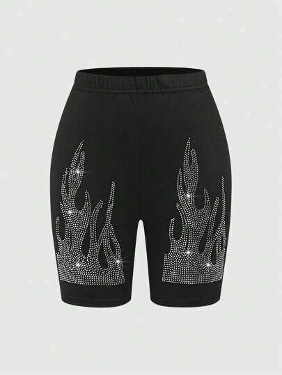 Street Life ليقنز دواسة الدراجة المضغوط للنساء بنقش اللهب وتزيينات من الراينستون