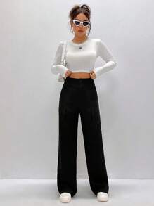 SHEIN Unity Double-Waist Casual Trousers - Black - View 6