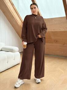 SHEIN Essnce Plus Size Solid Color Casual Two Piece Set - Coffee Brown - View 4