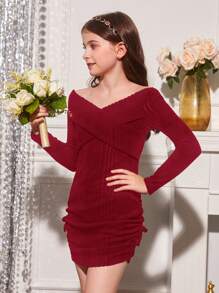 SHEIN Tween Girls休閒純色交叉包裹長袖連衣裙 - 紅色 - 查看 3