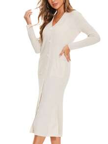 Solid Extra Long Button Knit Cardigan - White - View 7