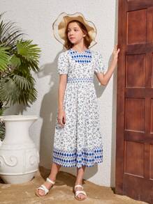 Mädchen Kleid Mit Gewebtem Blumendruck, Übergroßem Rundhalsausschnitt Und Lässigem Stil - Blau - Übersicht 3