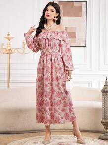 Modelyn Women'S Floral Printed Off Shoulder Ruffle Trim Decorated Shift Dress With Lantern Sleeves - Pink - View 7