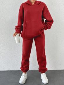 SHEIN Cottnline Ladies' Solid Color Hoodie And Pants Set - Red - View 4