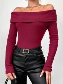 RueChic Foldover Off Shoulder Sweater - Red Violet - View 1