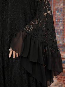 Al Najma Layered Flounce Contrast Lace Batwing Sleeve Kaftan, Modest Long Sleeve Arabian Dress - Black - View 7