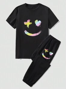 Manfinity LEGND Nam In Hoạt hình Ngắn tay Áo thun Và Quần Bộ - màu đen - Xem 3