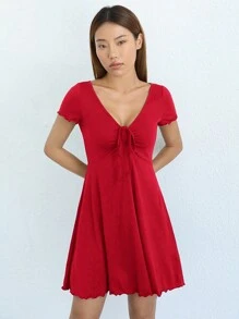 SHEIN EZwear Màu thuần Dây rút Dệt kim Đầm - Đỏ - Xem 4