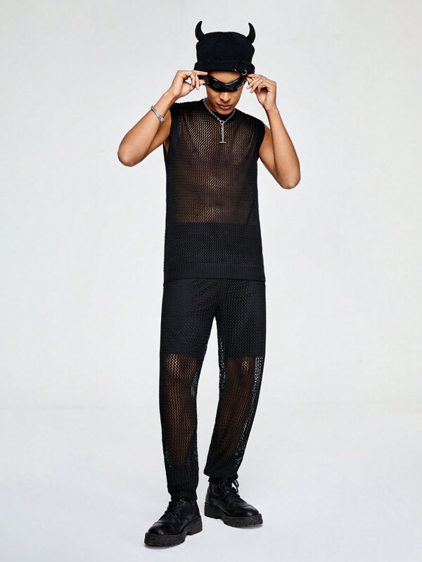 ROMWE MEN ROMWE Avant Men'S Solid Color Hollow Out Knit Sweater Set