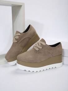 Women's Platform Wedge Heels & Thick Sole Shoes With Square Toe And Snake Print Texture - Khaki - View 2