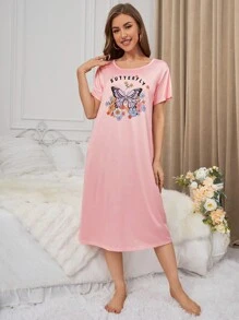 女士花卉、蝴蝶和字母印花睡衣裙 - 粉色 - 查看 5