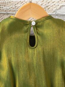 SHEIN 年輕女孩泡泡短袖休閒優雅復古裙裝配皮帶 - 綠色 - 查看 7