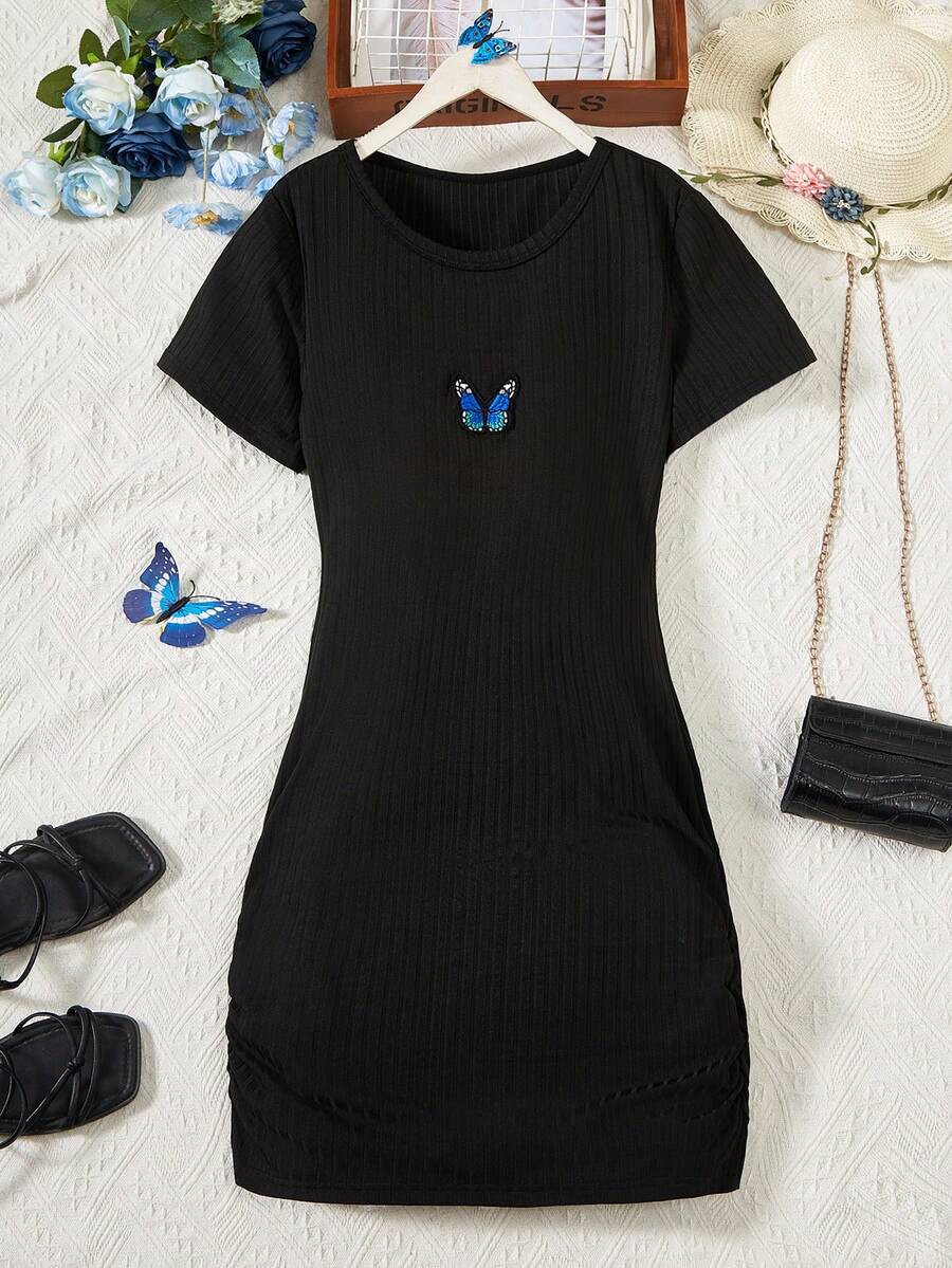 Teen Girl's Butterfly Patchwork Dress - Black - View 1