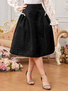 SHEIN Leap Crew Teen Girls' Jacquard Skirt With Rhinestone Decoration - Black - View 5