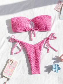 Swim Mod 女性紋理無肩帶比基尼套裝 - 玫紅色 - 查看 1