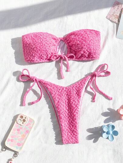 Swim Mod Summer Beach Women's Textured Bandeau Bikini Set