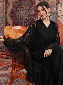 Al Najma Layered Flounce Contrast Lace Batwing Sleeve Kaftan, Modest Long Sleeve Arabian Dress - Black - View 4
