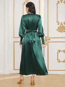 Al Najma Tiếng  Ả Rập Phong cách Của phụ nữ Thêu Cổ v Shirred Cuff Áo choàng Abaya Đầm - Màu xanh lá cây đậm - Xem 2